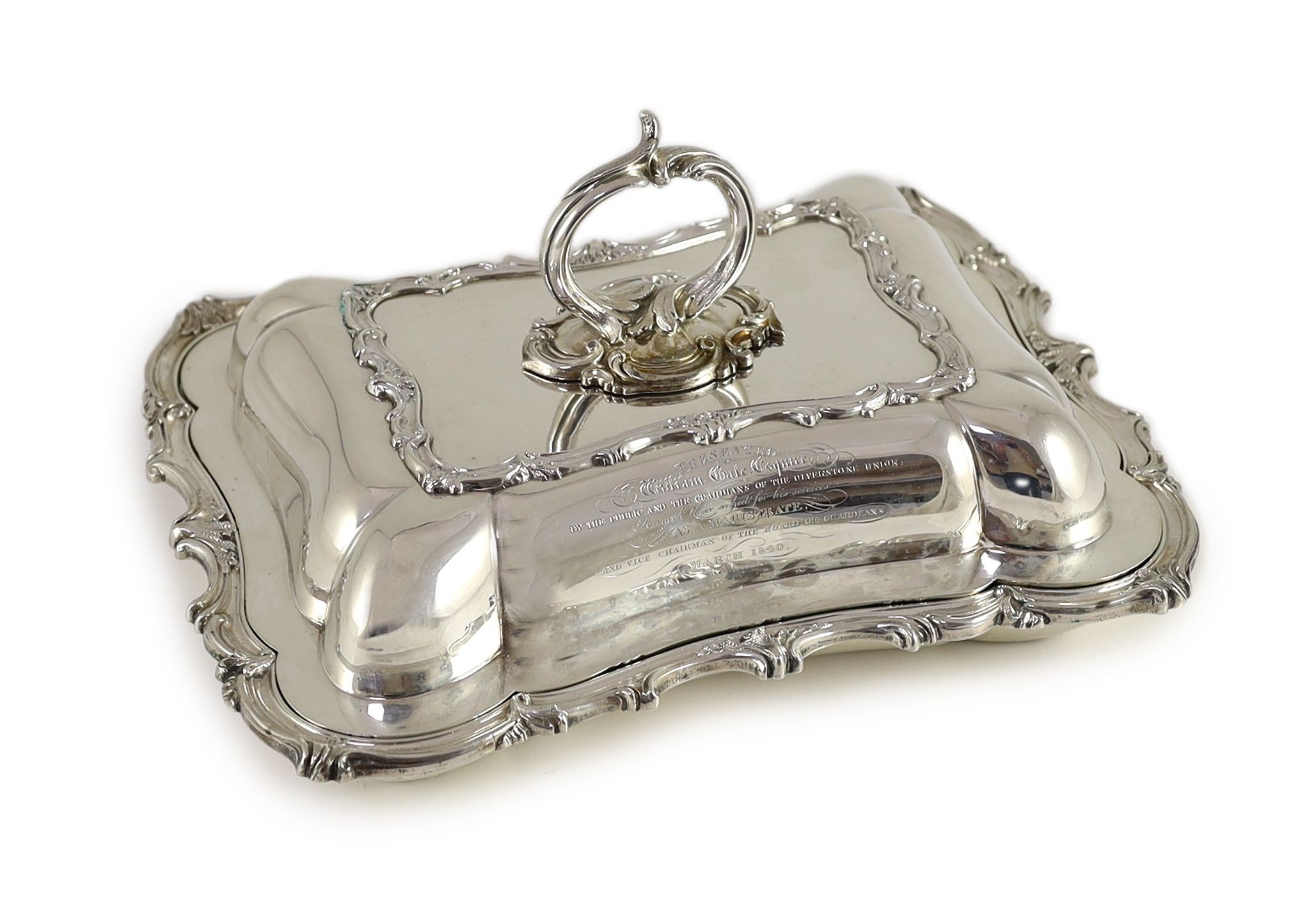 An early Victorian silver tureen and cover with handle, by Samuel Roberts & Co, with engraved presentation inscription and crest, relating to the Ulverston Union